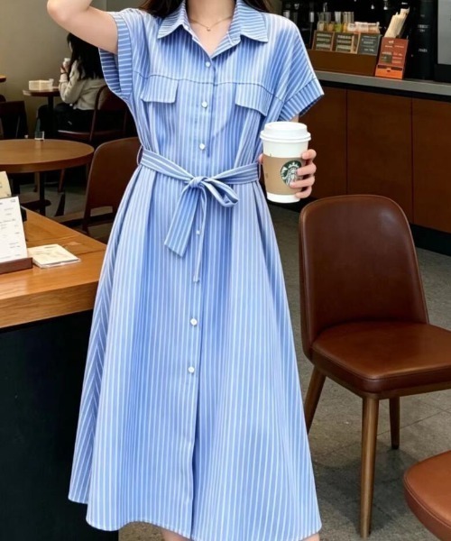 ワンピース 半袖 半袖ストライプシャツワンピース : ZOZOTOWN Yahoo!店
