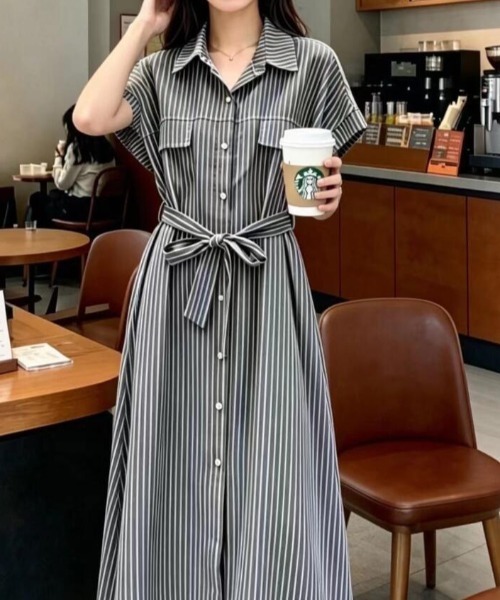 ワンピース 半袖 半袖ストライプシャツワンピース : ZOZOTOWN Yahoo!店