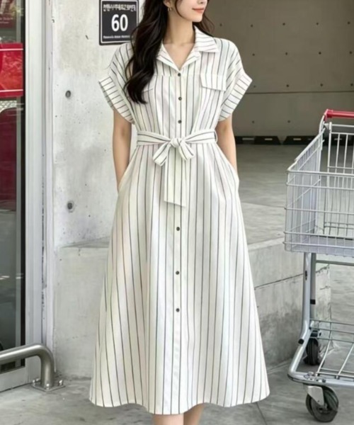 ワンピース 半袖 半袖ストライプシャツワンピース : ZOZOTOWN Yahoo!店