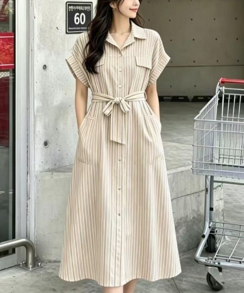 ワンピース 半袖 半袖ストライプシャツワンピース : ZOZOTOWN Yahoo!店