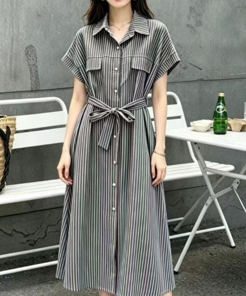 ワンピース 半袖 半袖ストライプシャツワンピース : ZOZOTOWN Yahoo!店