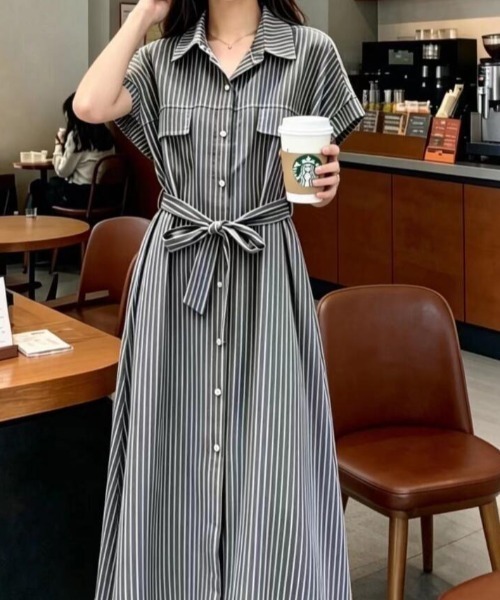 ワンピース 半袖 半袖ストライプシャツワンピース : ZOZOTOWN Yahoo!店