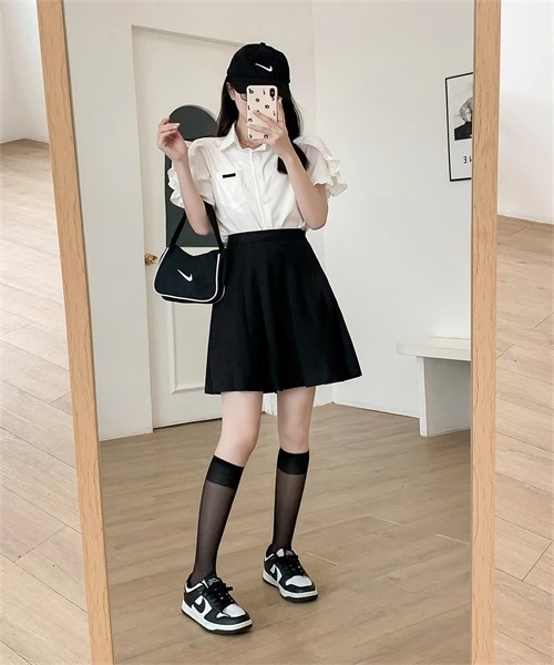 dimmoire デザインプリーツミニスカート Black ベルトプリーツミニスカート【Black】 | DimMoire