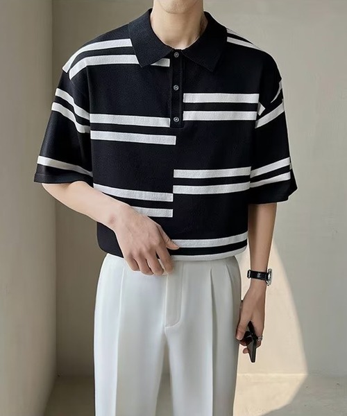 SATUR ボーダー　ポロシャツ 25SS】WOMEN ルーズフィットボーダーポロシャツ ライトブルー