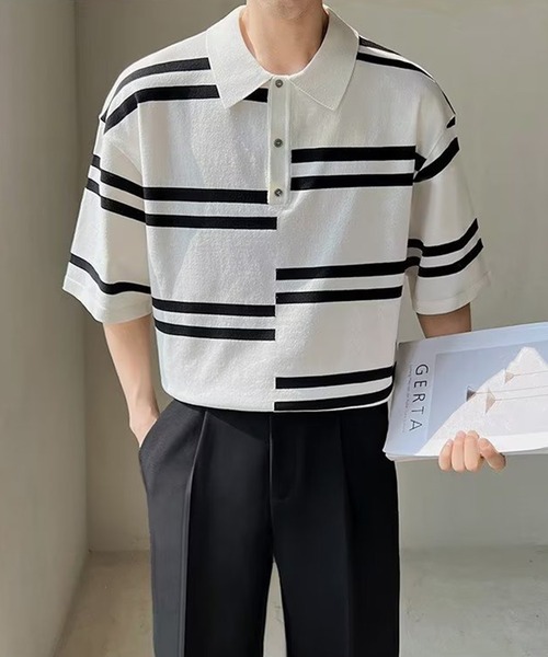 boohoo MAN★半袖 ボタン ニット シャツ カーディガン★ボーダー boohooMAN（ブーフー マン） - 海外通販のBUYMA