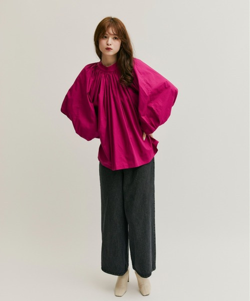 AMERI GATHER SLEEVE ROUND BLOUSE ピンクSサイズ