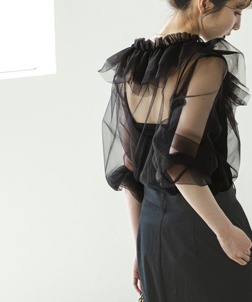 TOMO KOIZUMI 黒ラッフルスリーブTシャツ チュール ブラウス フリル