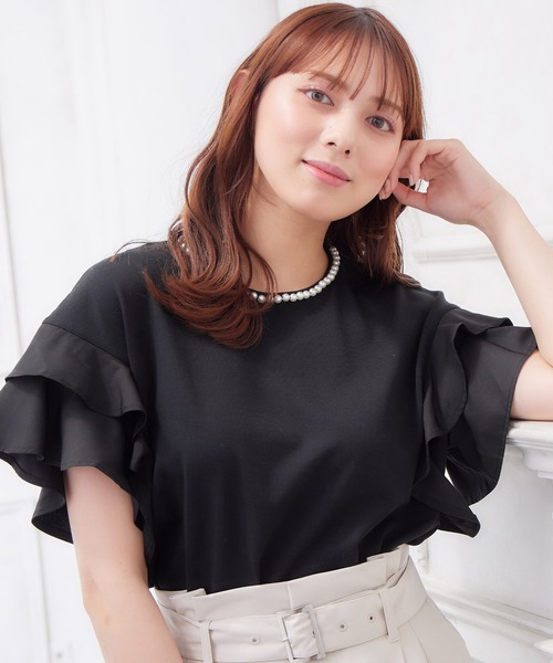 INGNI（イング） tシャツ 半袖 襟パール付き／袖フリル半袖Tシャツ