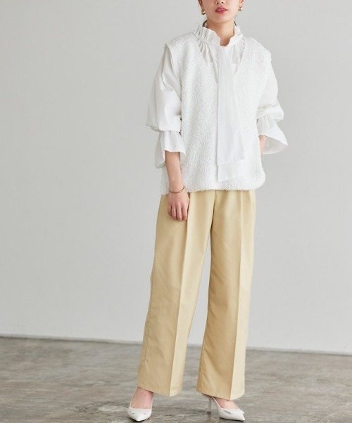 ホワイトニットベスト リボン付き Pierrot（ピエロ） ベスト ジレ リボンヤーンニットベスト レディース