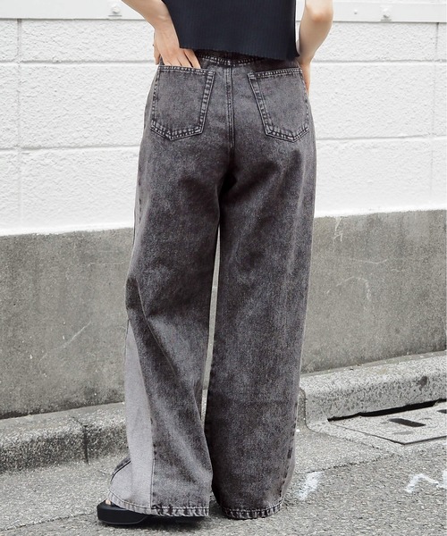 オシャレ ハイウエスト ワイド 切り替えデニムパンツ ２タイプ オシャレ ハイウエスト ワイド 切り替えデニムパンツ 2タイプ