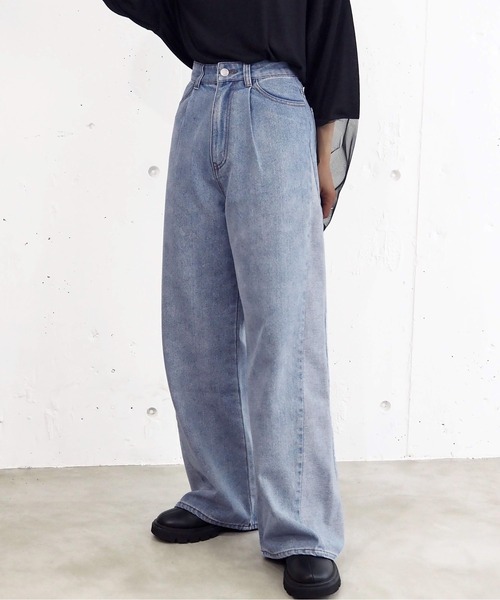ワイドパンツ ジーンズ 切り替えデザイン ストリート アメリカン tiptop ジーンズ デニム デニムパンツ 「選べる2サイズ」サイド