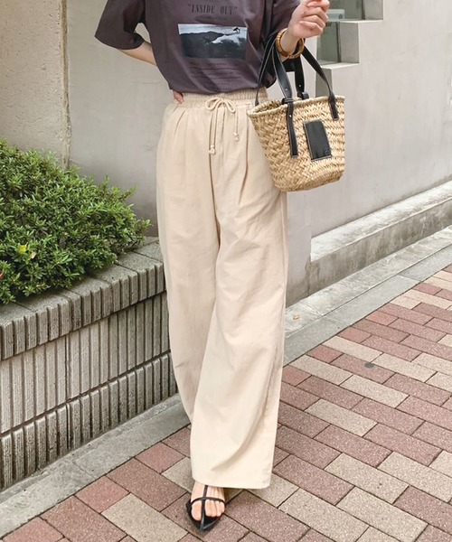 Cider◆無地 リネン ベルト付き ワイドレッグパンツ【送料込み】 CORNERS パンツ リネンライクワイドパンツ レディース
