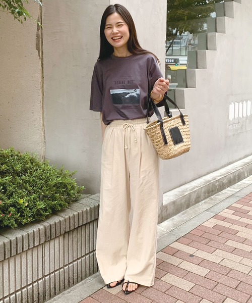 セール　susuri コットン グースパンツ ワイド ガウチョパンツ FREE 体型カバー/低身長さんにも】麻調サイドベルト ガウチョパンツ