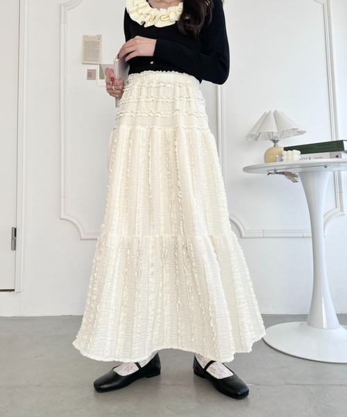 wafu ホワイト レース付きロングスカート 89cm Loueme ロング スカート ホイップレースフリルロングスカート
