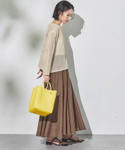 匿名配送 Linen フレアスカート サッカーストライプロングフレアスカート【洗濯機洗い可
