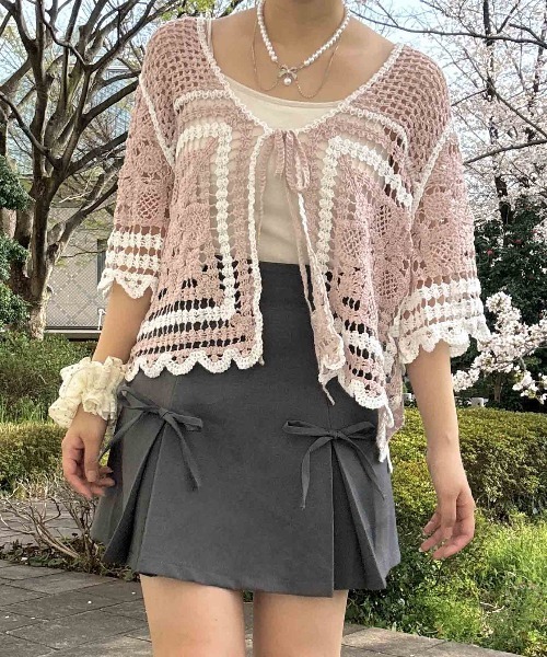 AS KNOW AS（アズノゥアズ） カーディガン 夏 半袖 ○かぎ針リボン結び
