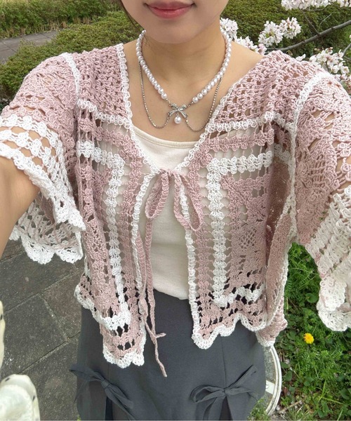 AS KNOW AS（アズノゥアズ） カーディガン 夏 半袖 ○かぎ針リボン結び