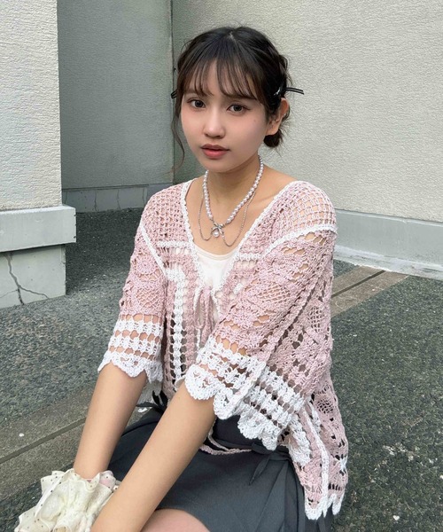 AS KNOW AS（アズノゥアズ） カーディガン 夏 半袖 ○かぎ針リボン結び