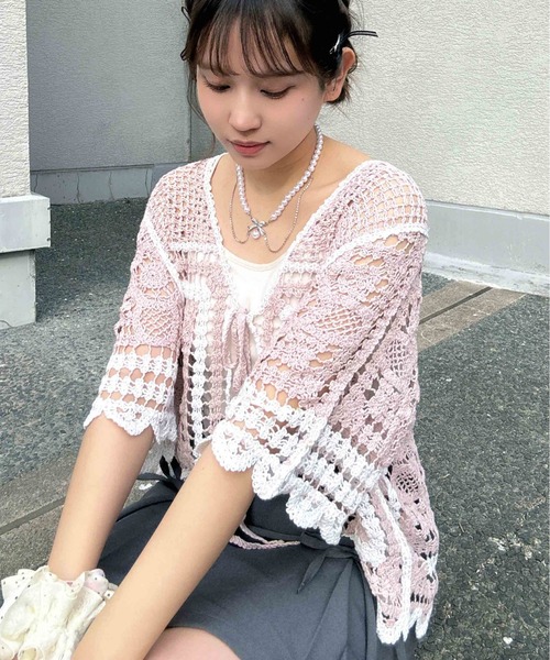 AS KNOW AS（アズノゥアズ） カーディガン 夏 半袖 ○かぎ針リボン結び