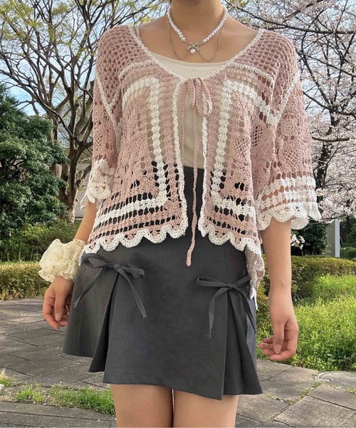 AS KNOW AS（アズノゥアズ） カーディガン 夏 半袖 ○かぎ針リボン結び