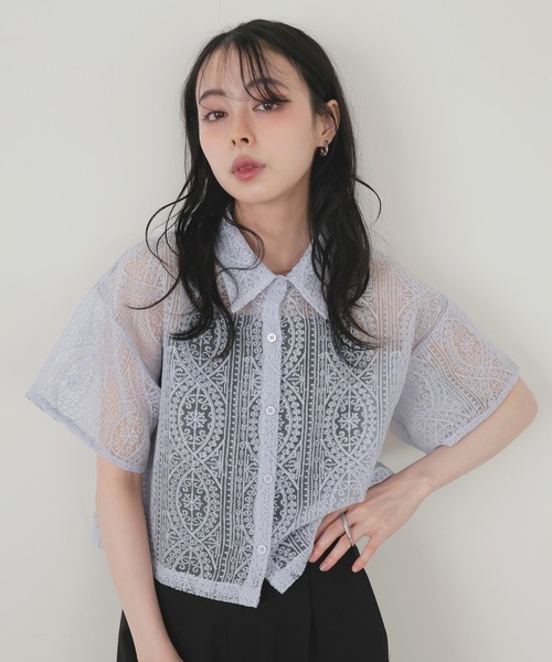 LIAN ブラウス シャツ 刺繍レースショートシャツ レディース