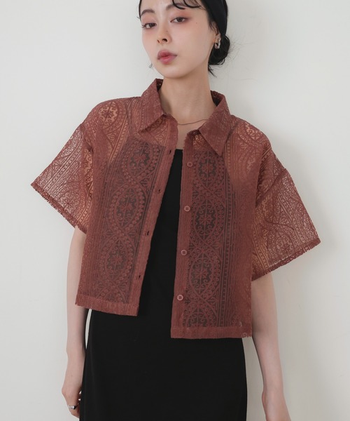 LIAN ブラウス シャツ 刺繍レースショートシャツ レディース