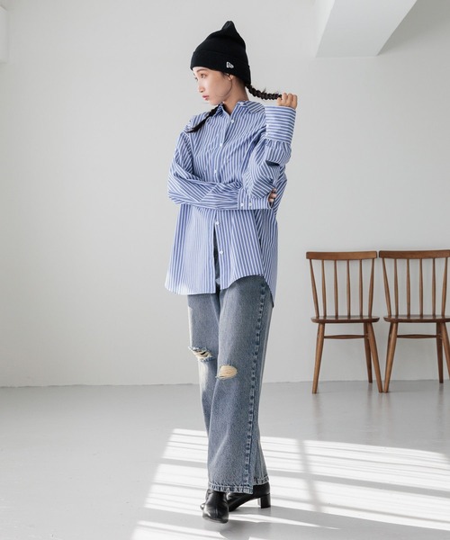 「LOWRYS FARM」 ダメージ加工デニムパンツ LARGE ライトブルー レディース