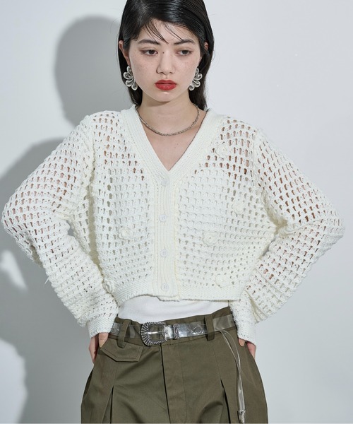美品 KANEKO ISAO カーディガン 透かし編みニット 立体花モチーフ装飾 ワンダフルワールド カネコイサオWONDERFUL WORLD KANEKO ISAO