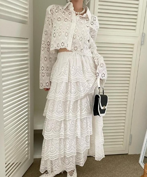 セットアップ 透かし編み ショート丈 ブラウス ロングスカート 2 点