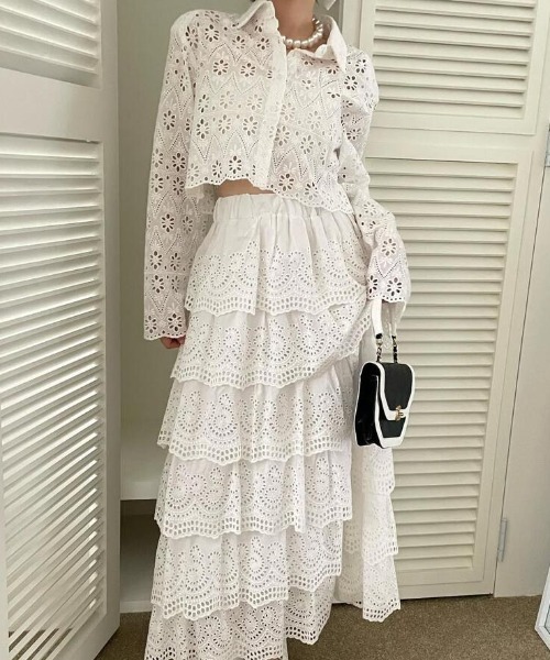 セットアップ 透かし編み ショート丈 ブラウス ロングスカート 2 点