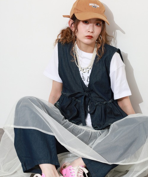 atONE（アットワン） ベスト ジレ 夏 エアリーデニムフリルティアード