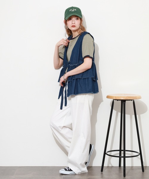 atONE（アットワン） ベスト ジレ 夏 エアリーデニムフリルティアード