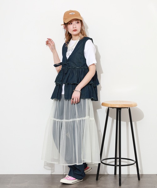 atONE（アットワン） ベスト ジレ 夏 エアリーデニムフリルティアード