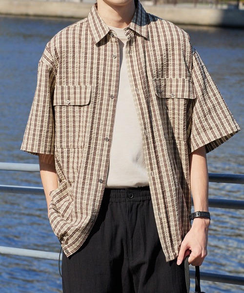 HECT シャツ 半袖 「HECT」Big W-pocket Draw Cord Seersucker Check S