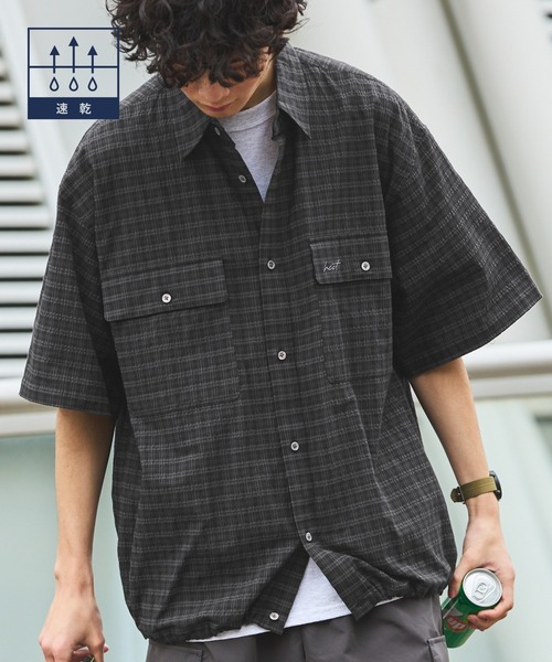 HECT シャツ 半袖 「HECT」Big W-pocket Draw Cord Seersucker Check S