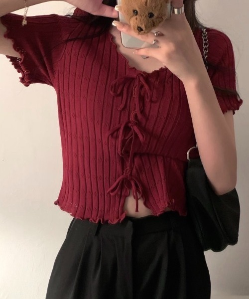 レストローズ半袖リボン付きニット系トップス LADY LIKE（レディライク） ニット セーター フロントリボンメロー半袖