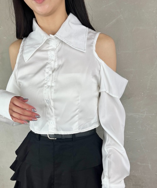 ブラウス シャツ OVER SHOULDER FIT シャツ レディース ブラウス シャツ 肩あき 肩出し ショート丈 バックラップ