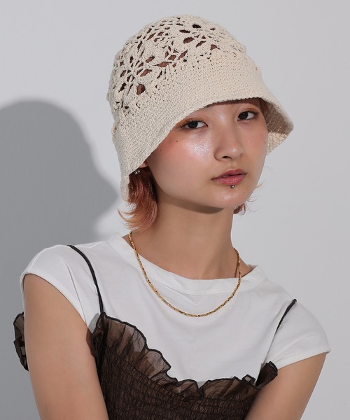 帽子 ハット ゆるメッシュ透かし編み バケット レディース