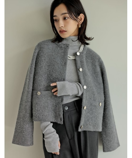 早い者勝ち☆ 新品未使用René グレー 毛皮袖口 コート シャギースタンドミドル丈オーバーコート[ze842] | レディース