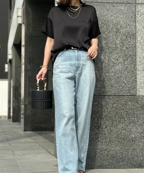 ブラウス シャツ バックジップサテンTブラウス レディースの画像