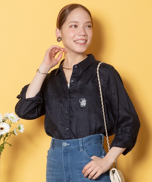 ブラウス シャツ RESPECオリジナルリネン100 バイオウォッシュ 刺繍シャツ レディース
