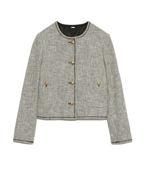 【極美品】ミラオーウェン ツイードノーカラージャケット 金ボタン ベージュ Mila Owen（ミラオーウェン）の「金釦サマーツイードジャケット（ノー