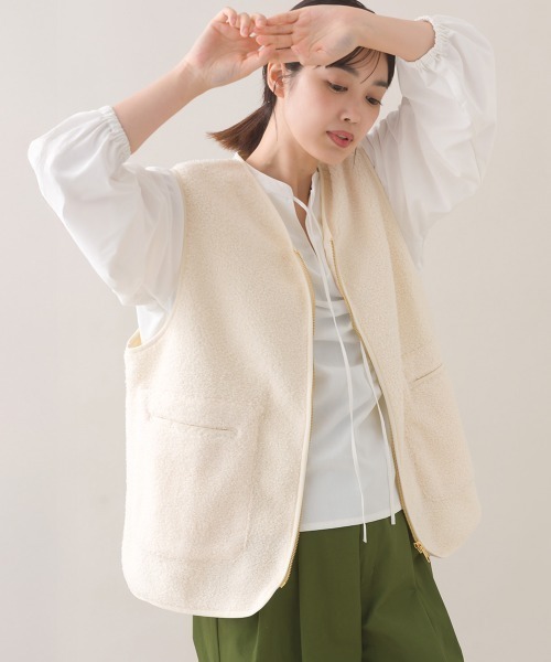 OMNES（オムネス） ベスト ジレ ボア深Vネックジップアップベスト