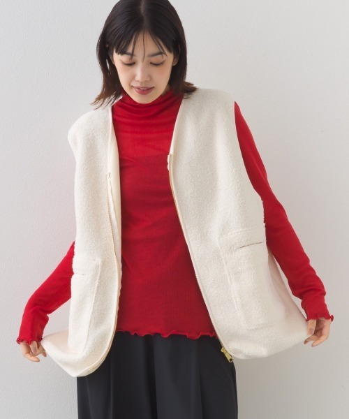 OMNES（オムネス） ベスト ジレ ボア深Vネックジップアップベスト