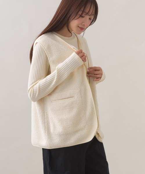 OMNES（オムネス） ベスト ジレ ボア深Vネックジップアップベスト