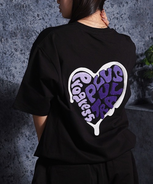 SHANK SHARK Tシャツ 黒×紫文字 Mサイズ ワイドボディ tシャツ 「セットアップ可能」ミニ裏毛 ハートサガラ刺繍 Tシャツ