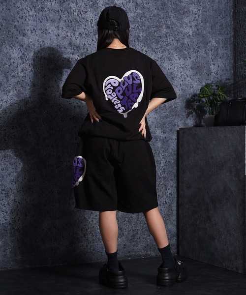 SHANK SHARK Tシャツ 黒×紫文字 Mサイズ ワイドボディ tシャツ 「セットアップ可能」ミニ裏毛 ハートサガラ刺繍 Tシャツ