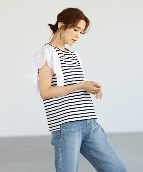 tシャツ 袖レースボーダーカットソー レディース