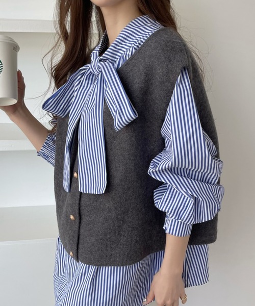 Ada. ベスト ジレ 金ボタン クルーネック ニット ベスト レディース