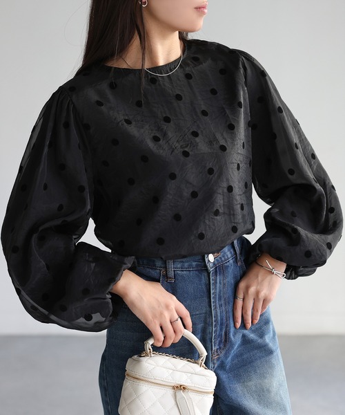 Riberry ブラウス シャツ ワッシャーシアーフロッキードット